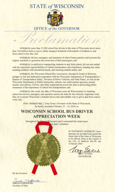 Proclamation WI School Bus Driver Appreciation Week